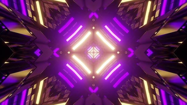 3D-Illustration von hohen geometrischen Figuren, die hellviolette und gelbe Neonbeleuchtung als symmetrischen Hintergrund reflektieren
