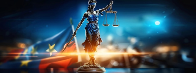 3D-Illustration von Lady Justice mit EU-Flagge auf hellem Hintergrund Kopieren Sie das Bild aus dem Raum Platz zum Hinzufügen