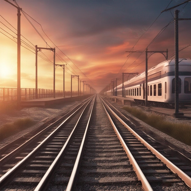 3D-Illustration von leeren Eisenbahnen auf dem Hintergrund des Sonnenuntergangs