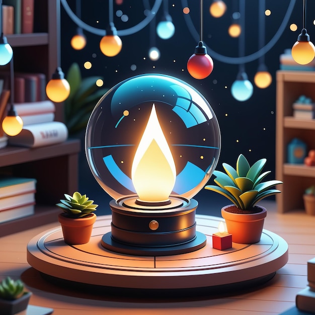 3D-Illustration von magischer Lampe und Kristallglas auf dem Boden in der Nacht mit Lichtern und Sternen