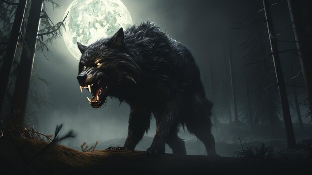 3D-Illustration von schwarzem Werwolf mit Mond und Wald