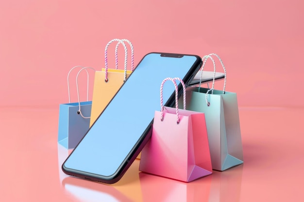 3D-Illustration von Smartphones und Einkaufstaschen auf rosa Hintergrund für Werbe- und Marketingkonzept mit Kopierplatz