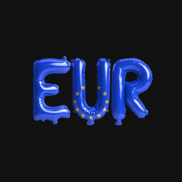 3d-illustration von währungs-eurletter-luftballons mit flaggenfarbe europäisch isoliert auf schwarz