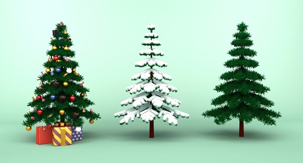 Foto 3d-illustration von weihnachtsbäumen weihnachtenbaum mit schnee und geschmückter weihnachtbaum 3d-rendering