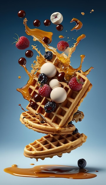 3D-Illustration Waffeln mit Schokoladensauce und Eis und frischen Beeren auf dunkelgrauem Hintergrund.