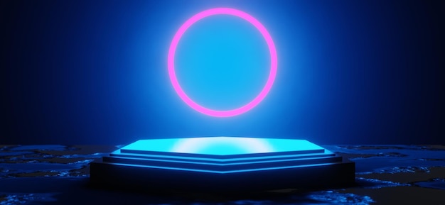 3D-Illustrations-RenderingGaming Gamer Hintergrund abstrakte TapeteCyberpunk-Stil Metaverse Scifi-Spiel Neonlicht der Bühnenszene Podestraum