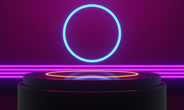 3D-Illustrations-RenderingGaming Gamer Hintergrund abstrakte TapeteCyberpunk-Stil Metaverse Scifi-Spiel Neonlicht der Bühnenszene Podestraum