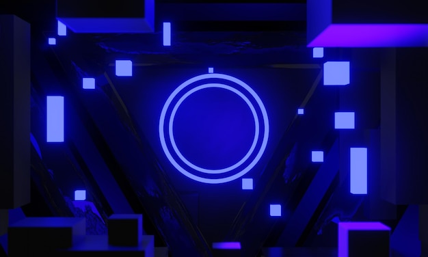 3D-Illustrations-RenderingGaming Gamer Hintergrund abstrakte TapeteCyberpunk-Stil Metaverse Scifi-Spiel Neonlicht der Bühnenszene Podestraum
