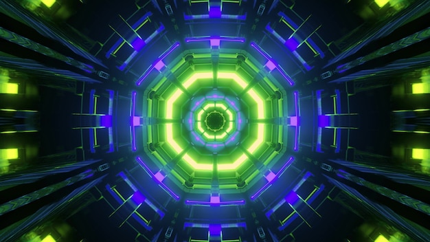3D-Illustrationsabstraktion mit achteckig leuchtenden grünen und blauen Neonlinien innerhalb des dunklen Korridors des futuristischen Gebäudes