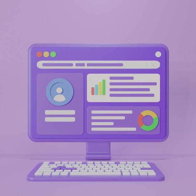 3D-Illustrationscomputer mit Benutzeranzeige und Datenanalyse