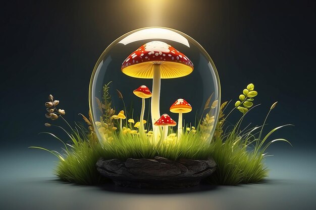 3D-Illustrationsglas in der Seite mit Pilz mit Gras und gelbem Licht