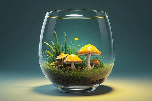 3D-Illustrationsglas in der Seite mit Pilz mit Gras und gelbem Licht