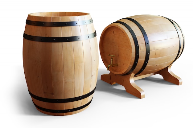 3D-Illustrationsholzfässer Wein lokalisiert auf Weiß. Alkoholisches Getränk in Holzfässern wie Wein, Cognac, Rum, Brandy.