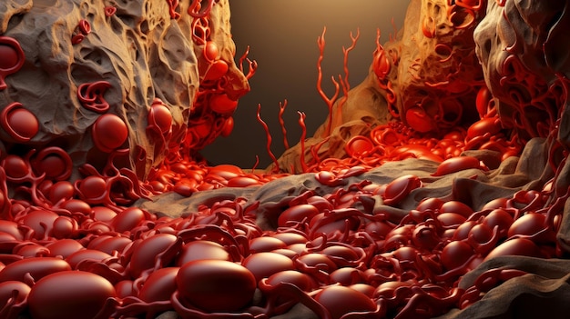 Foto 3d-illustrationsmodell der menschlichen organsysteme, kreislauf, verdauung, rote und weiße blutkörperchen