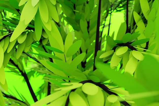 3D-Illustrationsnahaufnahme des realistischen grünen dekorativen Baumes lokalisiert auf grünem Hintergrund. Stilisierter Laubbaum