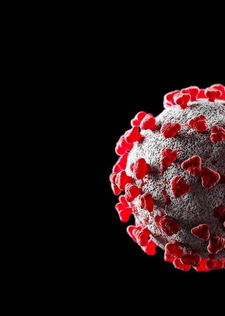 3D-Illustrationsviruszellen. Isoliert auf schwarzem Hintergrund Coronavirus-Kopierraum. Covid-19