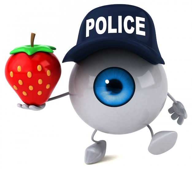 3d illustriertes Auge, das einen Polizeihut trägt und eine Erdbeere hält