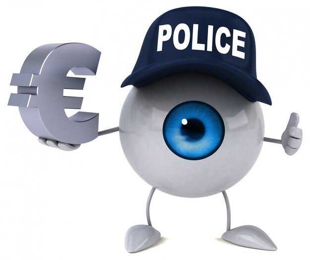 3d illustriertes Auge, das einen Polizeihut trägt und Eurozeichen hält