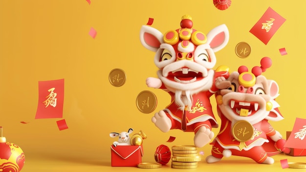 3D-illustriertes Banner für das chinesische Neujahr Ein Kaninchen tanzt auf einem roten Umschlag mit im Hintergrund fliegenden Münzen Text Reichtum strömt ein