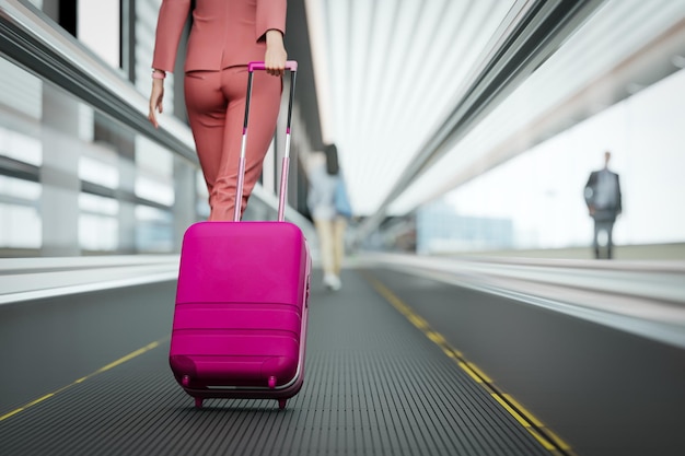 3d ilustração de volta da mulher close-up em roupas casuais andando com uma mala rosa no aeroporto