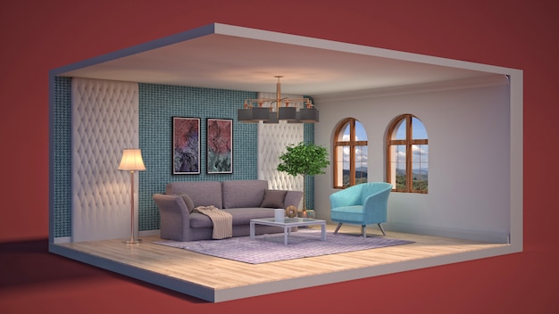 3D ilustração interior da sala de estar em uma caixa