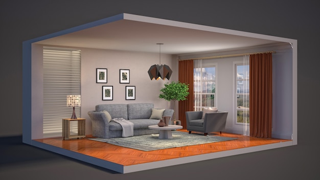 3D ilustração interior da sala de estar em uma caixa