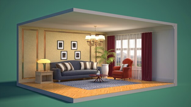 3D ilustração interior da sala de estar em uma caixa