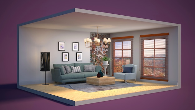 3D ilustração interior da sala de estar em uma caixa