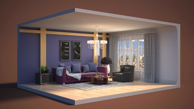 3D ilustração interior da sala de estar em uma caixa
