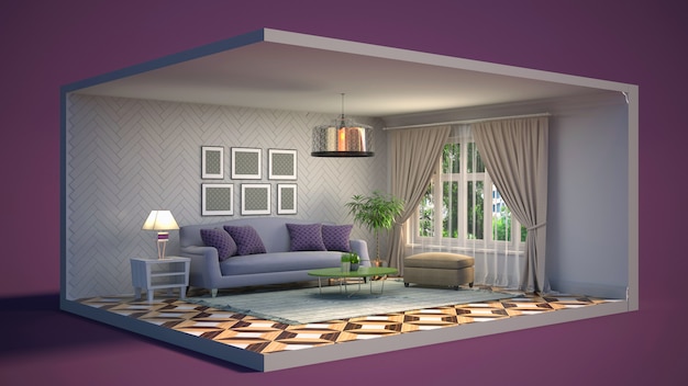 3D ilustração interior da sala de estar em uma caixa