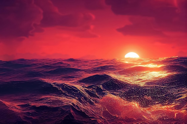 Foto 3d ilustración de cielo dramático y tormenta una puesta de sol en el mar