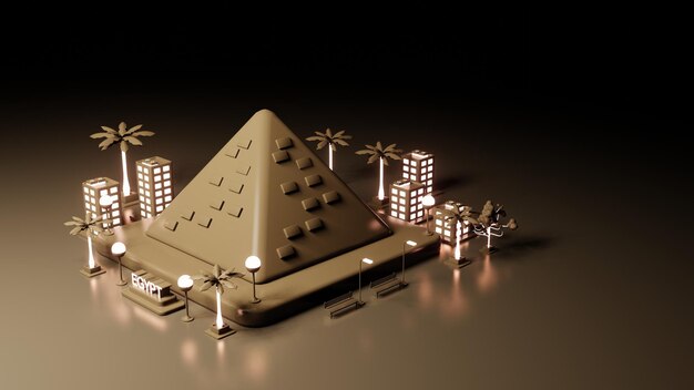 3d ilustración Egipto y pirámide como hito con edificio y área de espacio verde en estilo de luz de neón