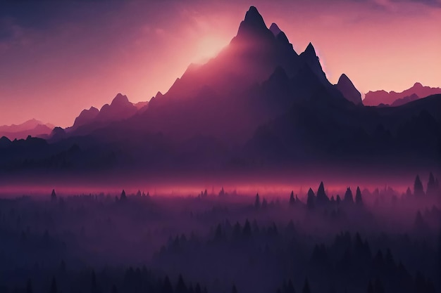 3d ilustración de fantástico paisaje picos montaña al atardecer