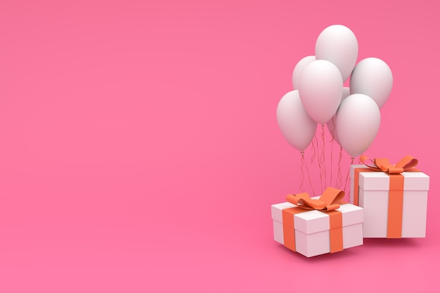 3d ilustración de globos de colores realistas y caja de regalo con lazo en rosa. Copyspace vacío para fiesta, promoción de redes sociales, carteles, carteles, cumpleaños