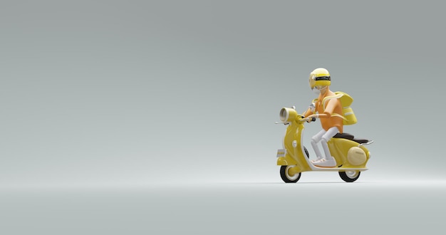 3d ilustración linda concepto courier montando un scooter amarillo sobre un fondo limpio