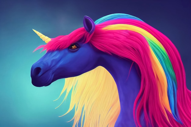 3d ilustración mítico unicornio primer plano chic largo arco iris melena