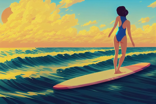 3d ilustración de mujer atrapar las olas en serfboard en el mar