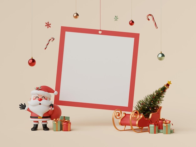 3d ilustración navideña Santa Claus y trineo con marco de fotos en blanco y decoración navideña