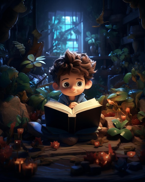 3d ilustración de un niño leyendo un libro mundo leer un libro día generativo ai