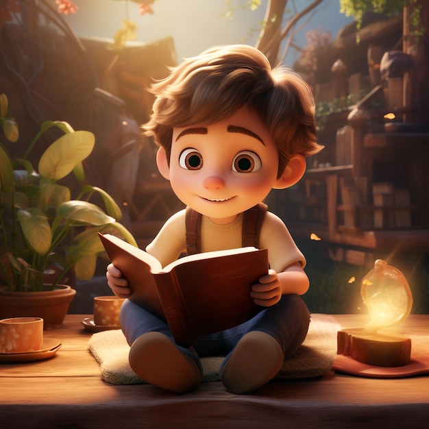 3d ilustración de un niño leyendo un libro mundo leer un libro día generativo ai