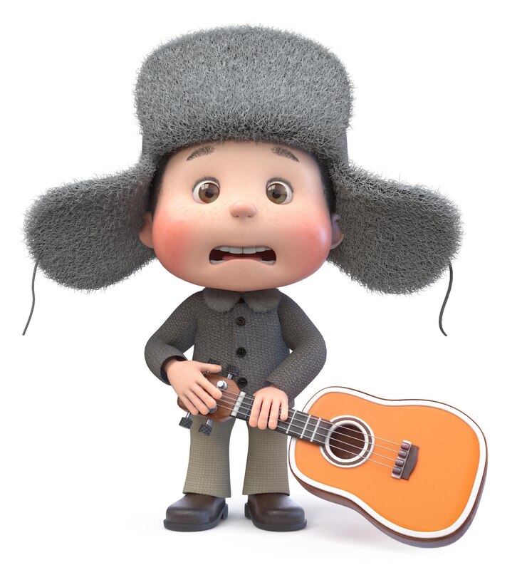 Foto 3d ilustración de un niño pequeño en ropa de invierno con una guitarra