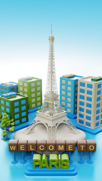 3d ilustración París y la torre Eiffel como punto de referencia con un edificio simple alrededor