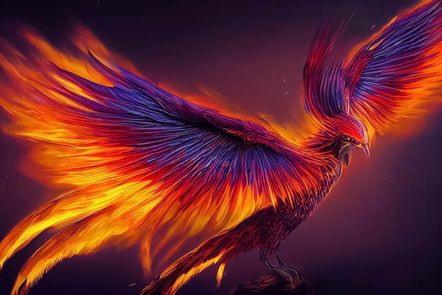 Foto 3d ilustración de phoenix fantástico en vuelo batiendo alas ardiendo con fuego
