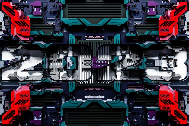 3d ilustración Postal de tecnología futurista con el año 2023 en el fondo de una cubierta tecnológica metálica de una nave espacial o robot Gráficos abstractos al estilo de los juegos de computadora