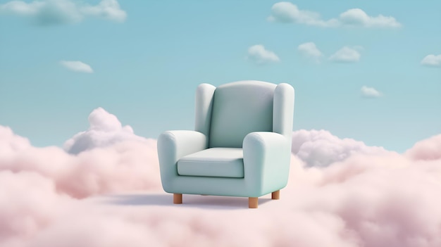 3d ilustración sillón azul claro en las nubes