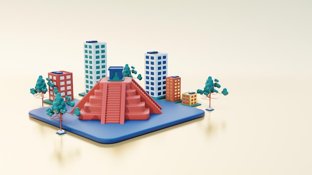 3d ilustración Vista de la ciudad de Yucatán y Chichén Itzá como punto de referencia y edificio simple alrededor en rojo