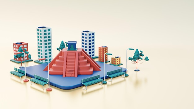 3d ilustración Vista de la ciudad de Yucatán y espacio verde y Chichén Itzá como punto de referencia en rojo y amarillo