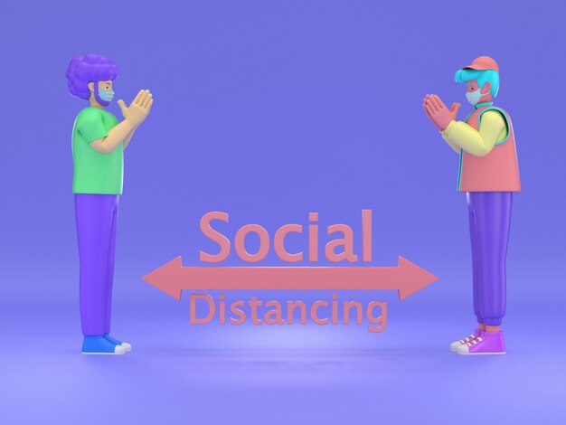 3d, ilustrar., Tailandês, wai, social, distanciamento, pessoas, mantendo, distância, para, infecção, risco, e, doença, desgastar, máscara protetora, para, prevenção, vírus, Covid-19. Conceito de cuidados de saúde.