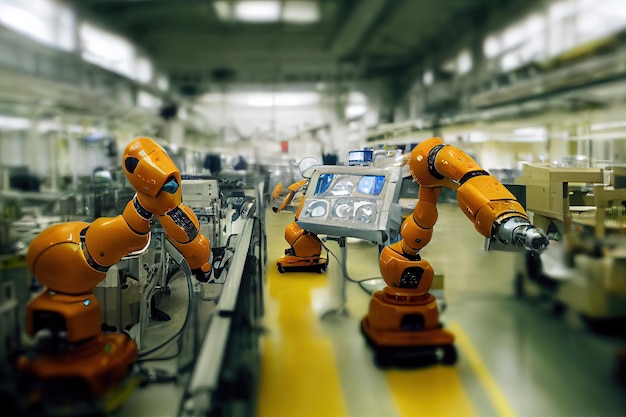 3D-Innenmontagelinie in einer modernen Fabrik Industrieroboter Roboterarme Technologieentwicklung in der globalen Produktion