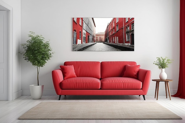 3D-Interieurszene eines roten Sofas an einer weißen klassischen Wand